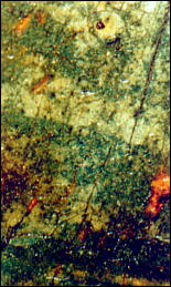 Зелёный и белый с голубыми лессировками - пробела на одеждах архангела Михаила в среднике иконы «Архангел Михаил с деяниями ангелов» (90-е гг. XIV в.) из Архангельского собора Московского Кремля. Глауконит, свинцовые белила, натуральный ультрамарин. Фотосъемка через бинокулярный микроскоп, увеличено в 16 раз