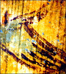 Предварительный рисунок (авторское исправление) - рука персонификации Иордана на иконе «Крещение» (начало XV в.) из Праздничного ряда иконостаса Благовещенского собора Московского Кремля. Уголь. Фотосъемка через бинокулярный микроскоп, увеличено в 10 раз