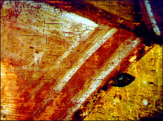 Коричнево-розовые одежды и пробела, золотое украшение - рукав архангела Гавриила на иконе «Благовещение» (начало XV в.) из Праздничного ряда иконостаса Елаговещенского собора Московского Кремля. Коричнево-розовые охры, уголь, азурит, свинцовые белила, киноварь, сусальное золото. Фотосъемка черт бинокулярный микроскоп, увеличено в 6 раз